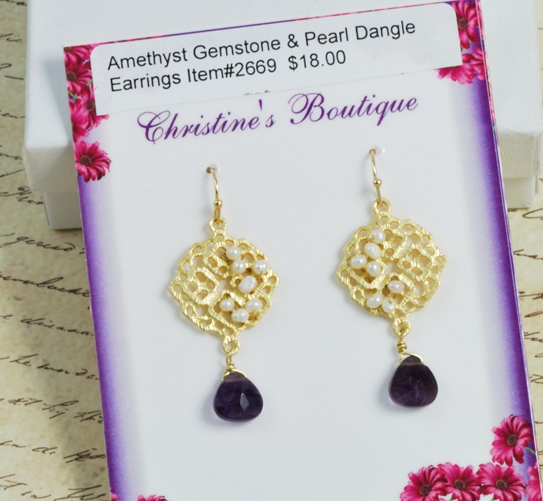 Amethyst Gemstone & Fresh Water Pearl Dangle Earrings