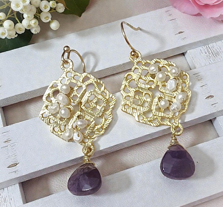 Amethyst Gemstone & Fresh Water Pearl Dangle Earrings