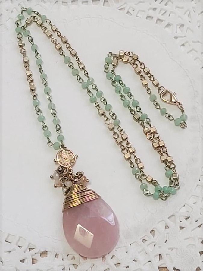 Pink Quartz & Crystal Large Pendant Necklace 34"