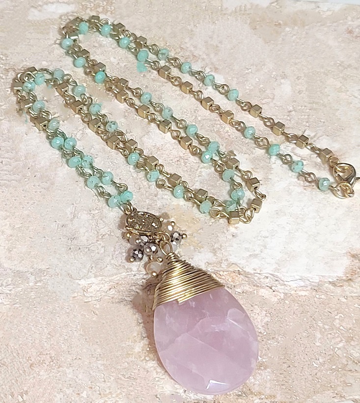Pink quartz pendant necklace, 34" long necklace with beads