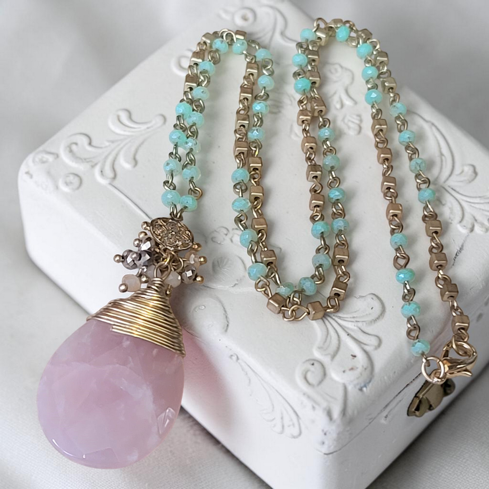 Pink quartz pendant necklace, 34" long necklace with beads