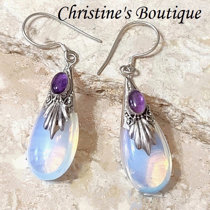 Amethyst Cabochon Opal Glass Sterling Silver Earrings - Click Image to Close