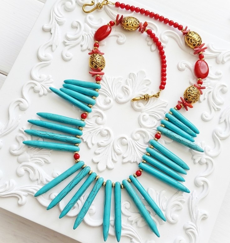 Turquoise, coral and cherry quartz necklace, handcrafted