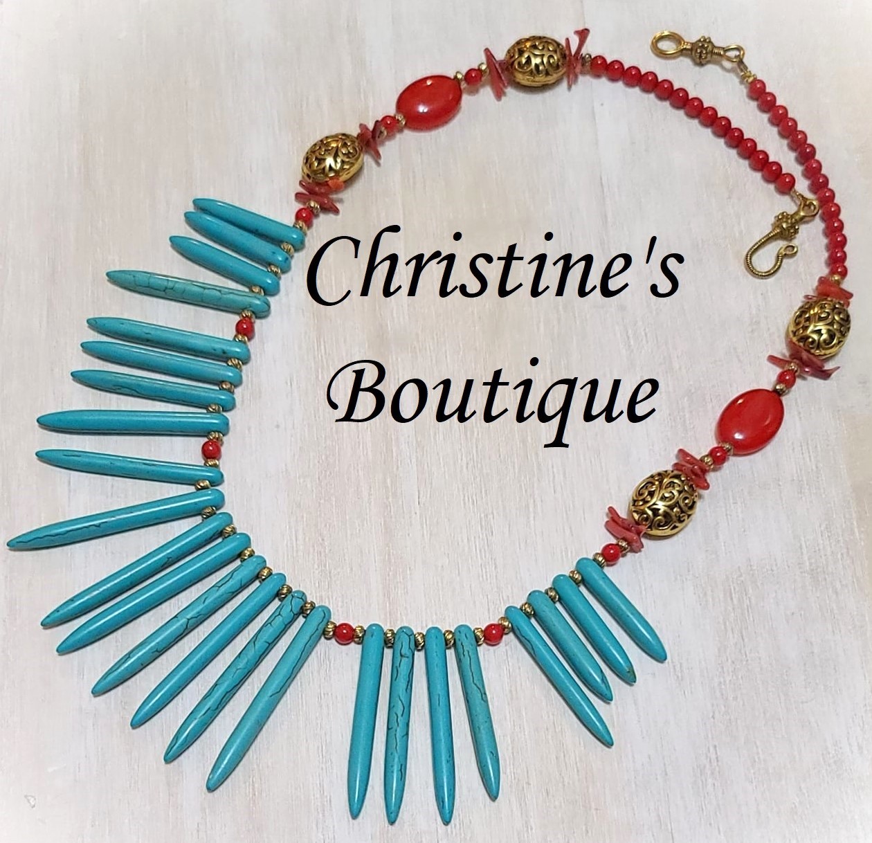 Turquoise, coral and cherry quartz necklace, handcrafted - Click Image to Close