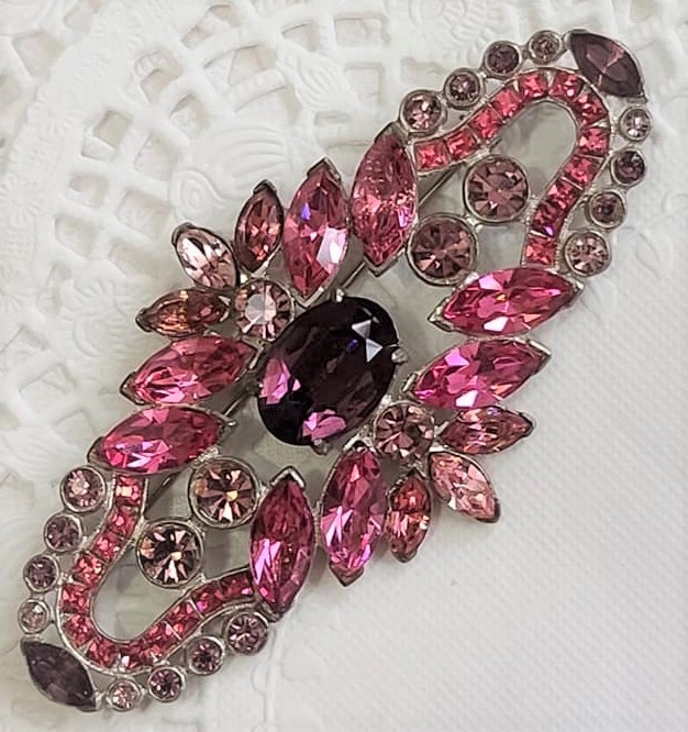 Amethyst and Pink Rhinestones Bold Pin measures 3 1/2"