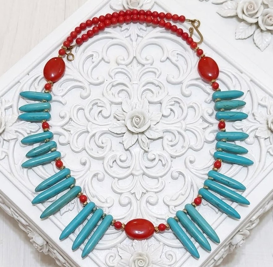 Turquoise, coral and cherry quartz necklace, handcrafted