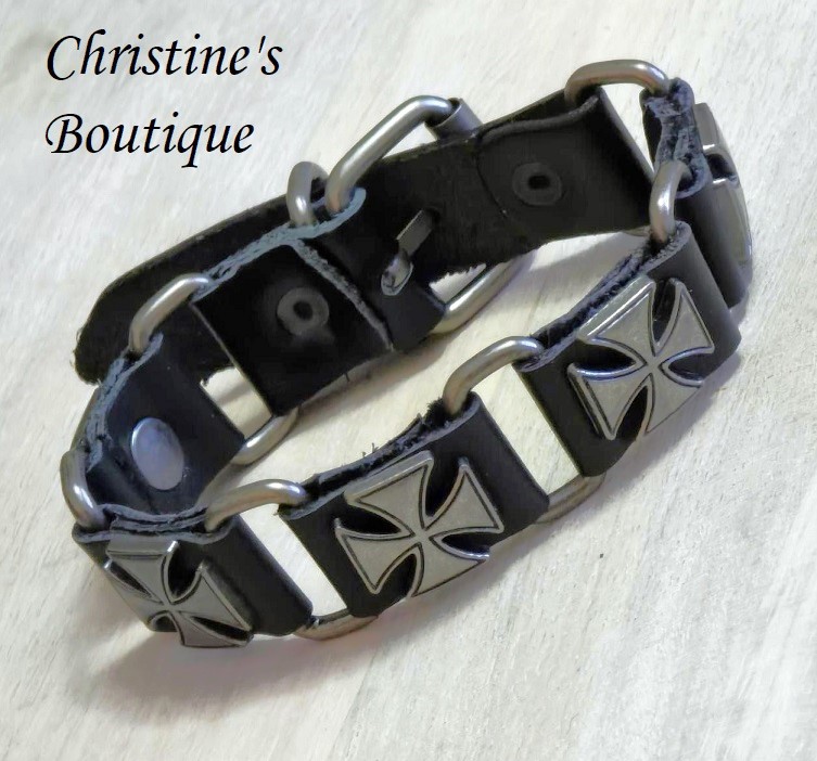 Modernist bracelet, leather bracelet, unisex bracelet, black leather, biker bracelet, cross motif - Click Image to Close