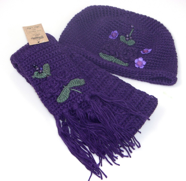 Scarf and Hat Set -Beaded Accents Color - Purple