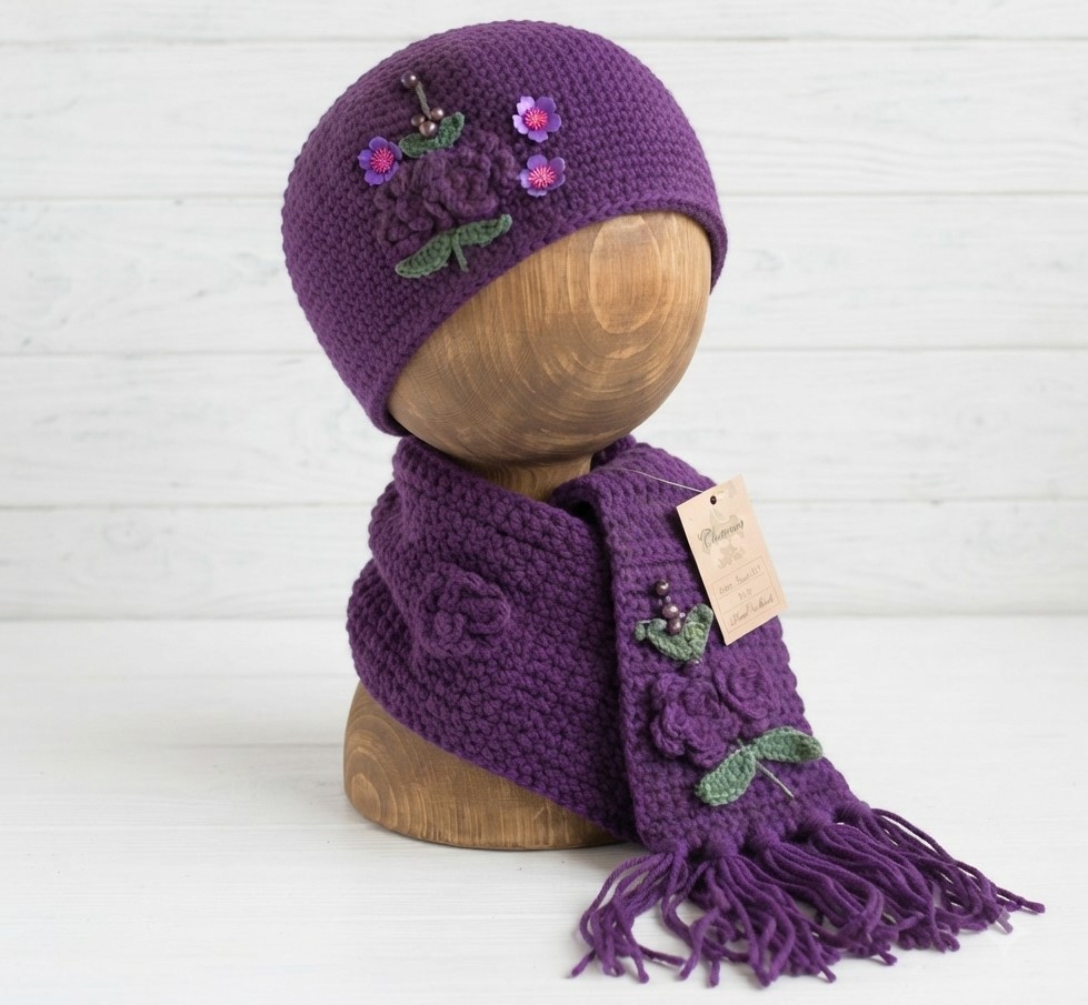 Scarf and Hat Set -Beaded Accents Color - Purple