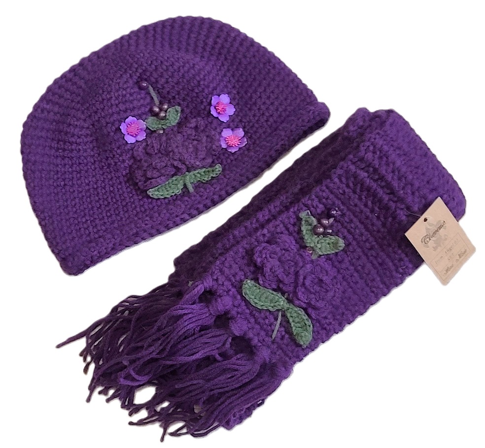 Scarf and Hat Set -Beaded Accents Color - Purple - Click Image to Close