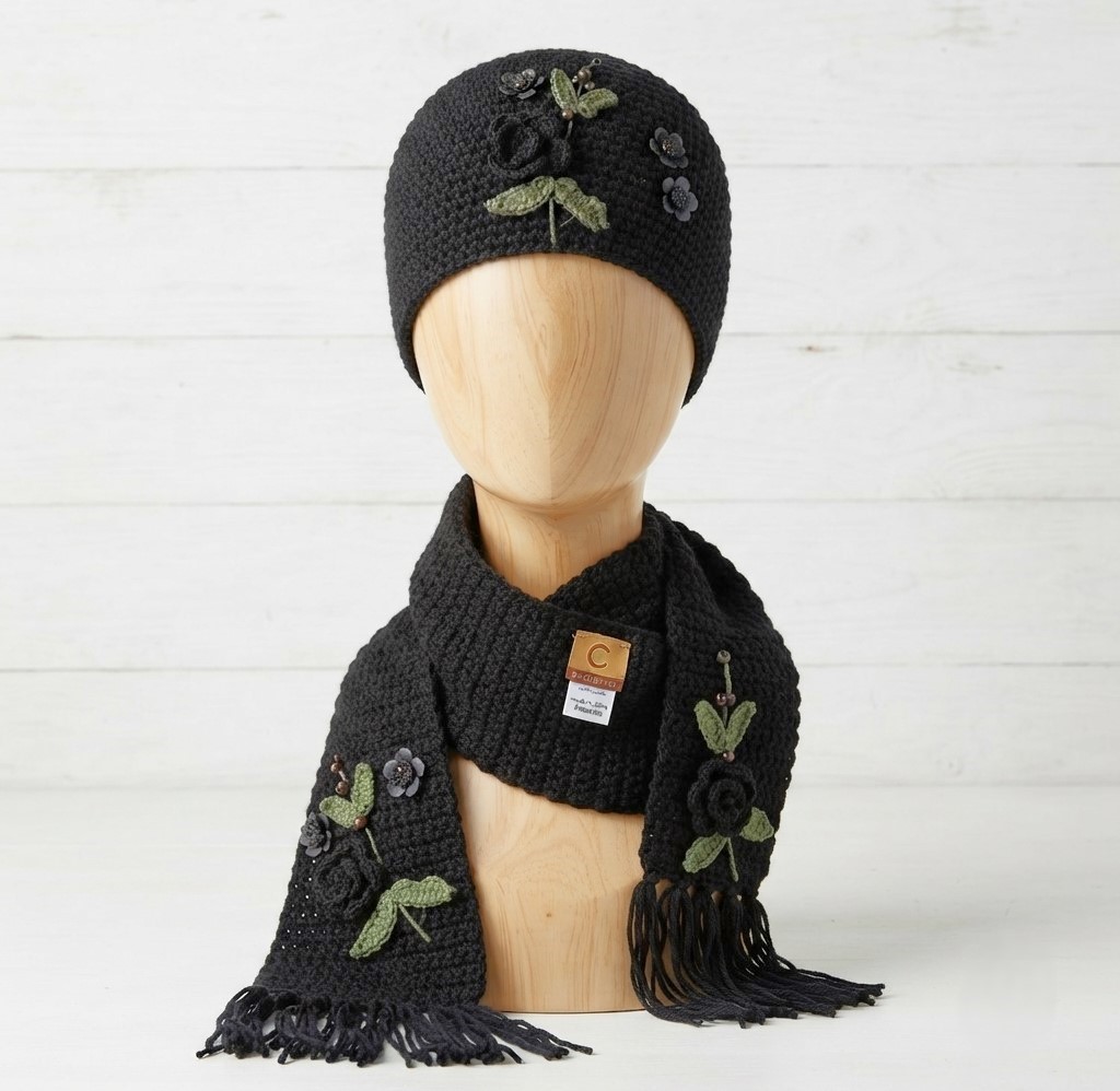 Scarf and Hat Set -Beaded Accents Color - Black