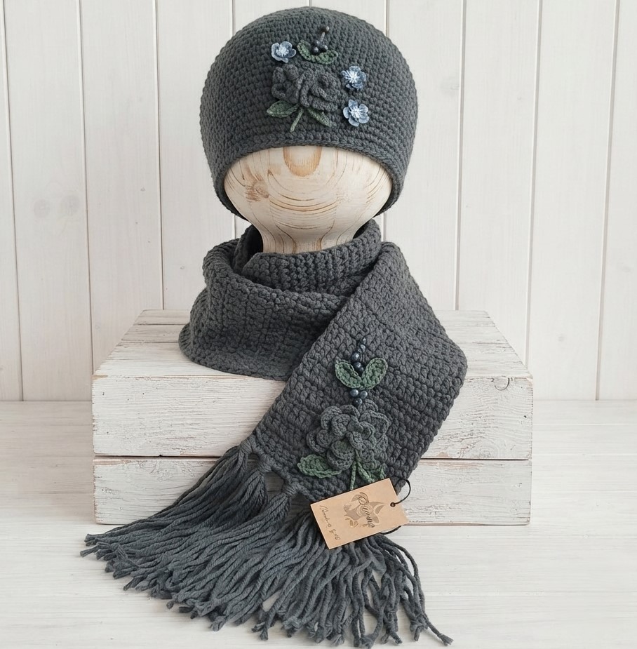 Scarf and Hat Set -Beaded Accents Color - Slate Gray