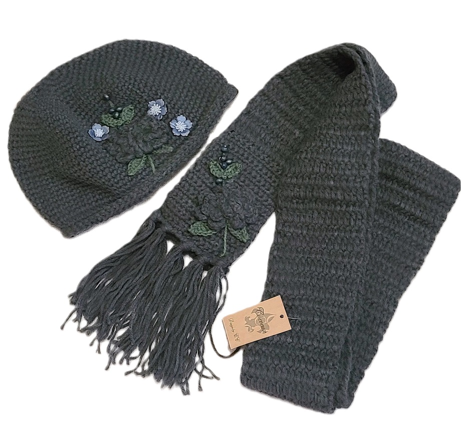 Scarf and Hat Set -Beaded Accents Color - Slate Gray - Click Image to Close
