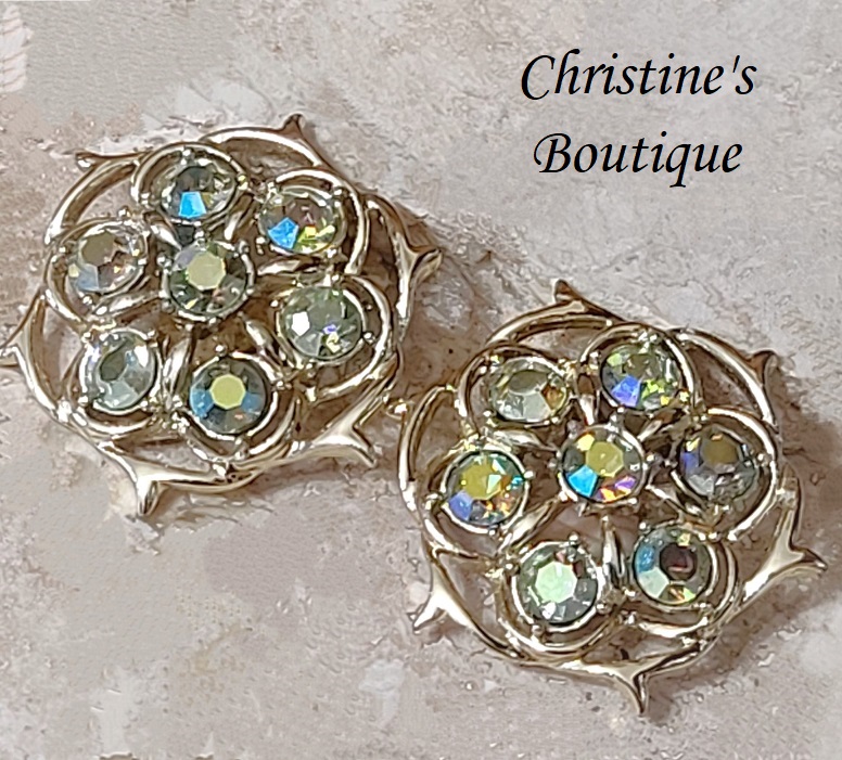 Aurora borealis earrings, vintage clip ons, signed designer Sarah Coventry - Click Image to Close