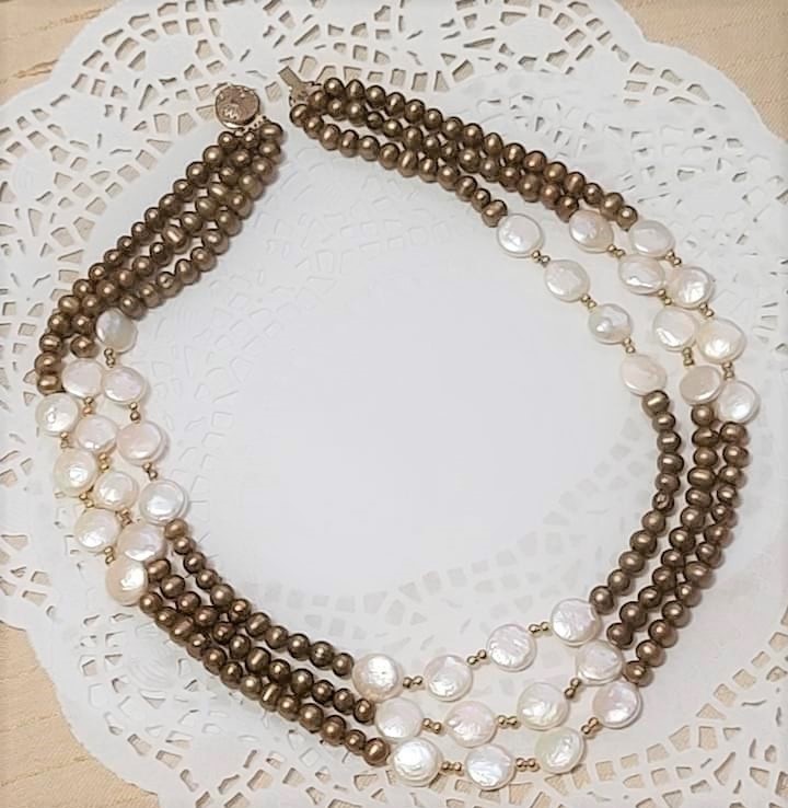 3 Strand Natural Coin Pearl & Freshwater Brown Pearls Necklace