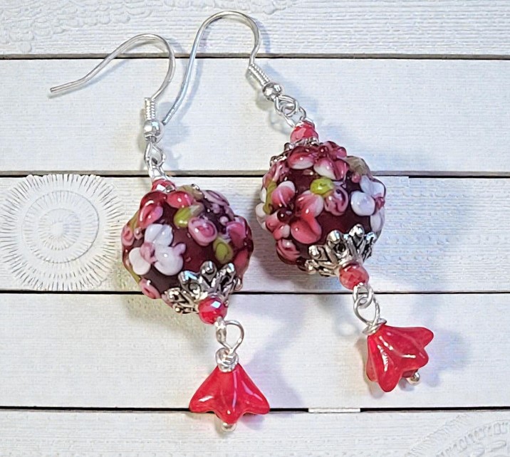 Lampwork glass earrings, handcraftetd flower garden motif with czech crystals
