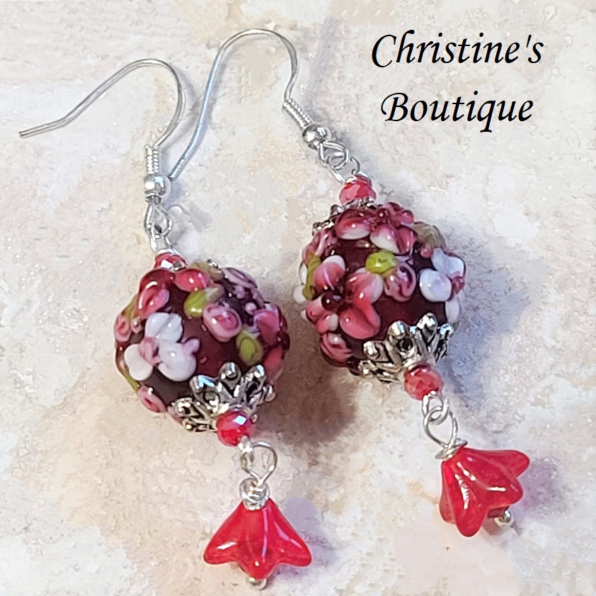Lampwork glass earrings, handcraftetd flower garden motif with czech crystals - Click Image to Close