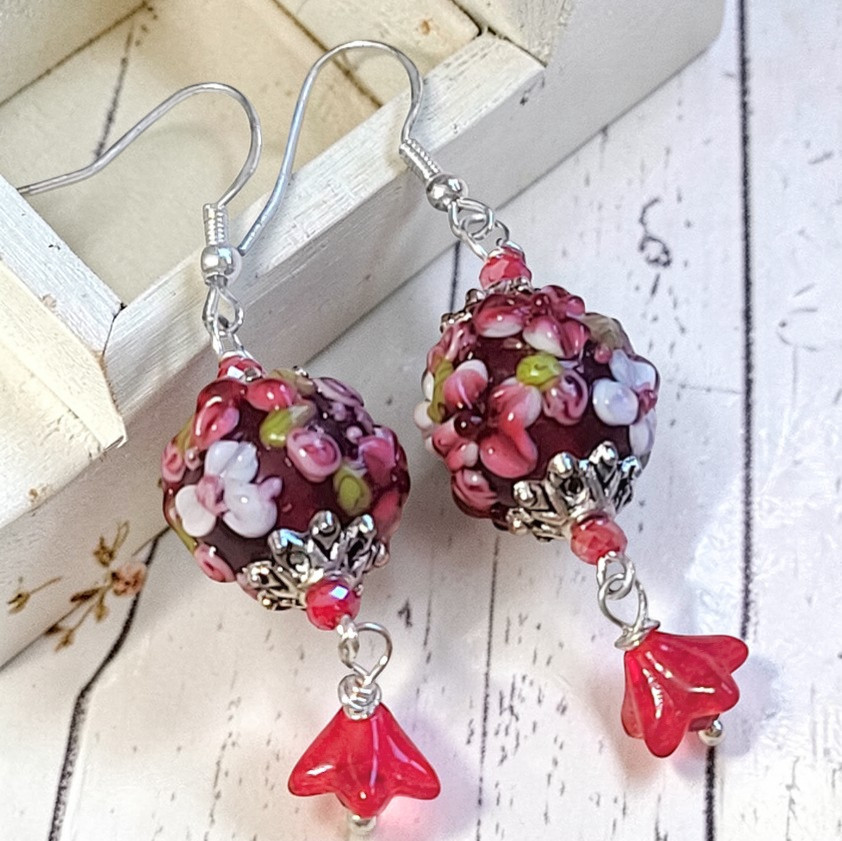 Lampwork Glass Flower Garden Handmade Earrings
