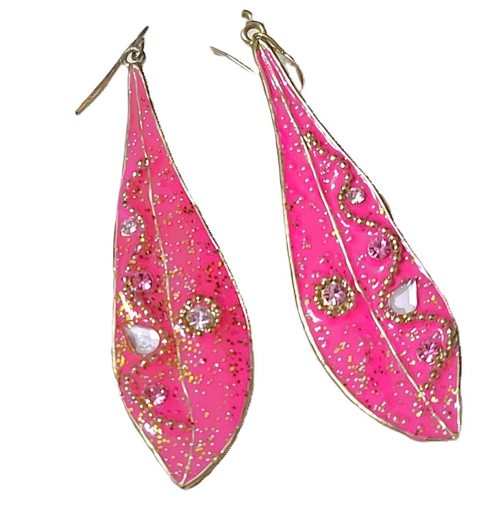 Pink enamel drop earrings pierced - Click Image to Close