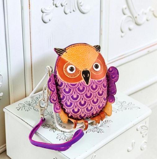 Leather Coin Purse with Wristlet - Purple Owl