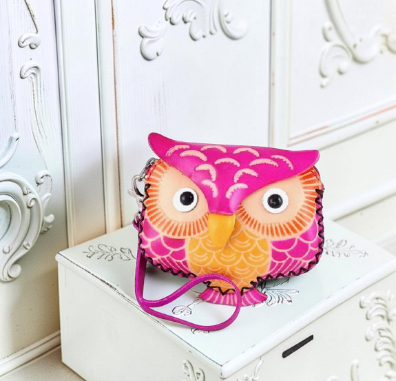 Leather Coin Purse with Wristlet - Pink Owl