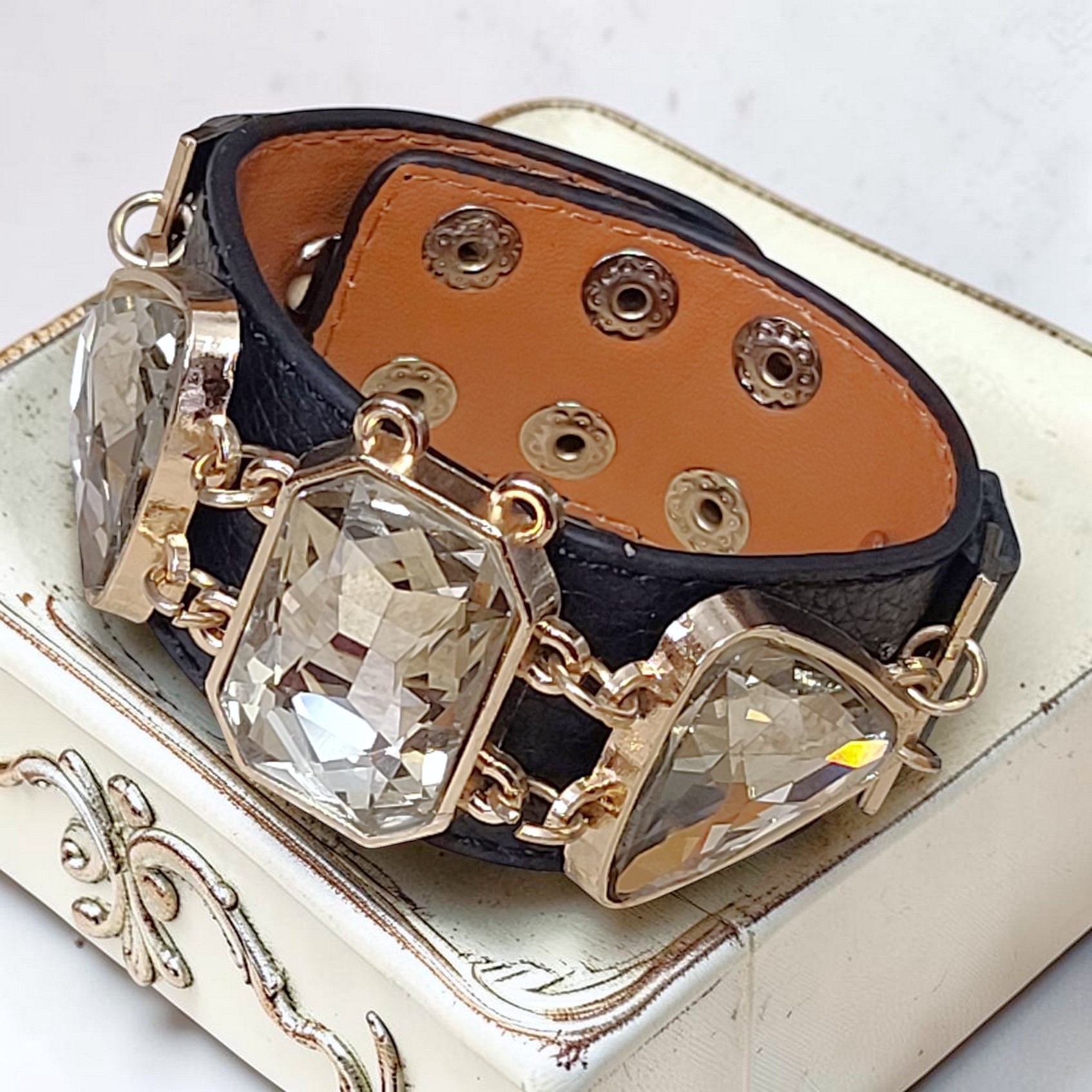 Leatherette Bracelet with Rhinestone Accents