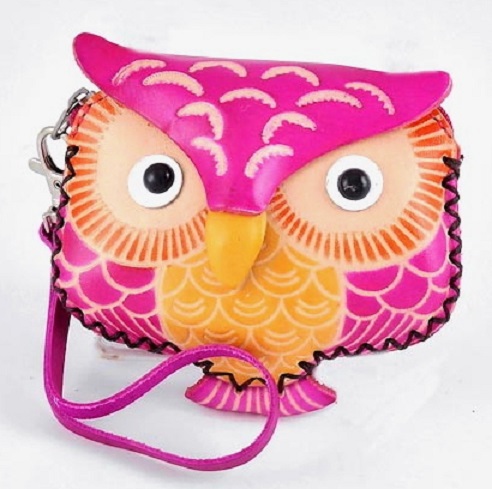 Leather Coin Purse with Wristlet - Pink Owl