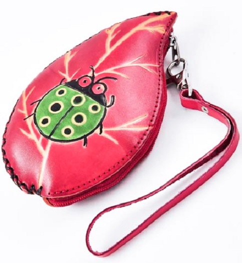 Leather Coin Purse with Wristlet - Lady Bug on Red Leaf