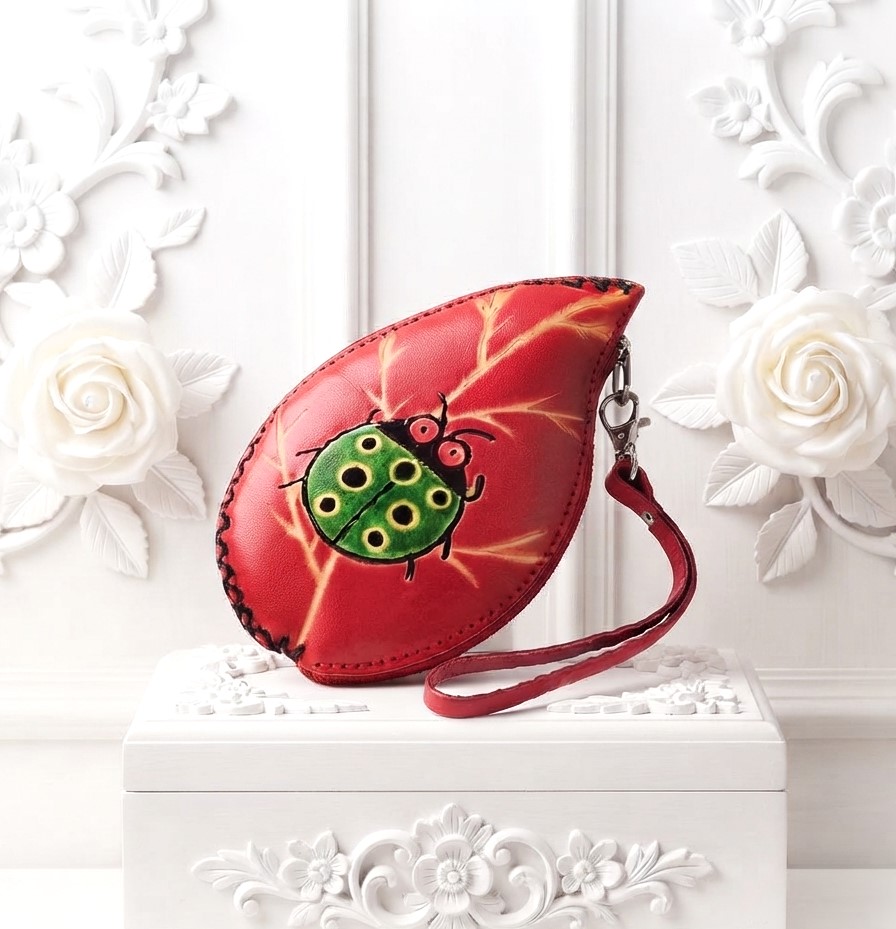Leather Coin Purse with Wristlet - Lady Bug on Red Leaf