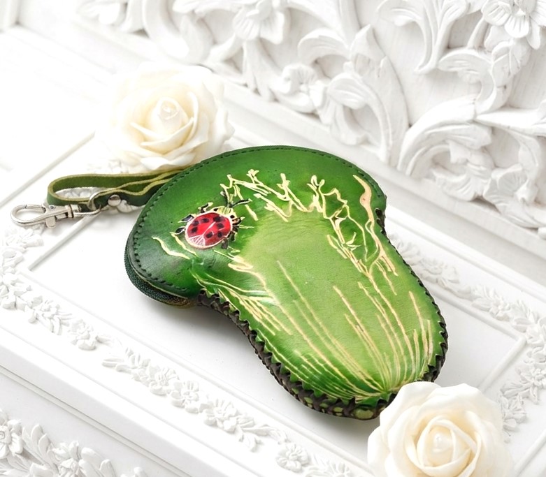 Leather Coin Purse with Wristlett - Lady Bug on Green Leaf