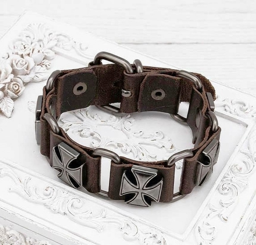 Brown Leather Embellished Cross Band Bracelet