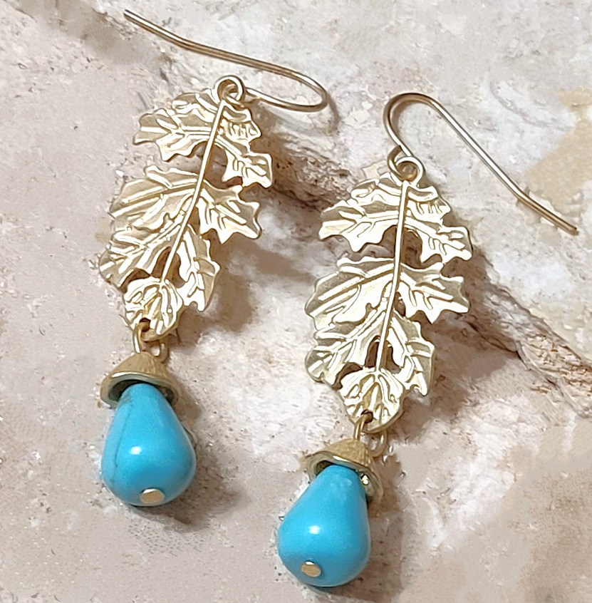 Leaf Earrings with Acorn Turquoise Gemstones - Click Image to Close