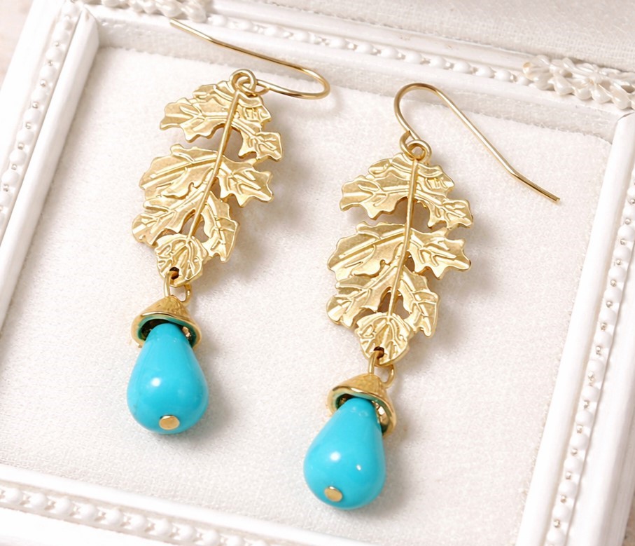 Leaf Earrings with Acorn Turquoise Gemstones