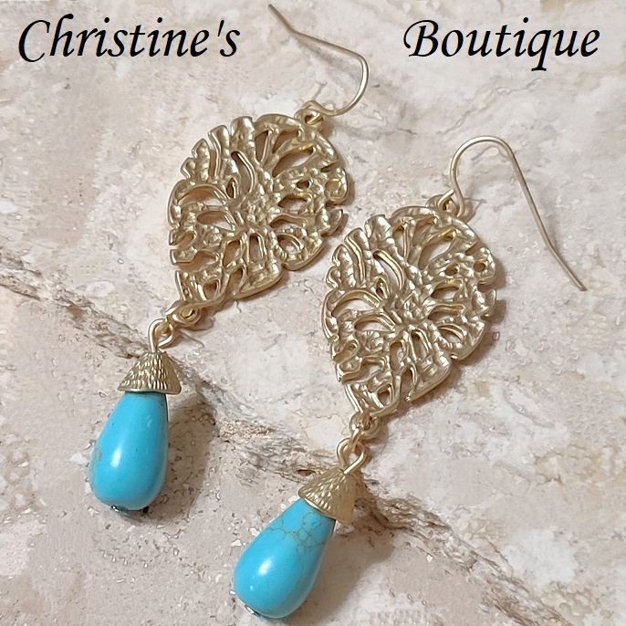 Howilite turquoise earrings, with leaf and acorn setting - Click Image to Close