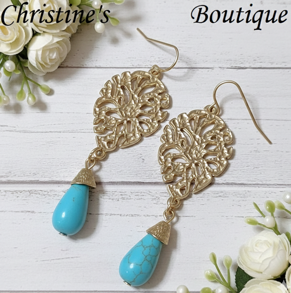 Howilite turquoise earrings, with leaf and acorn setting