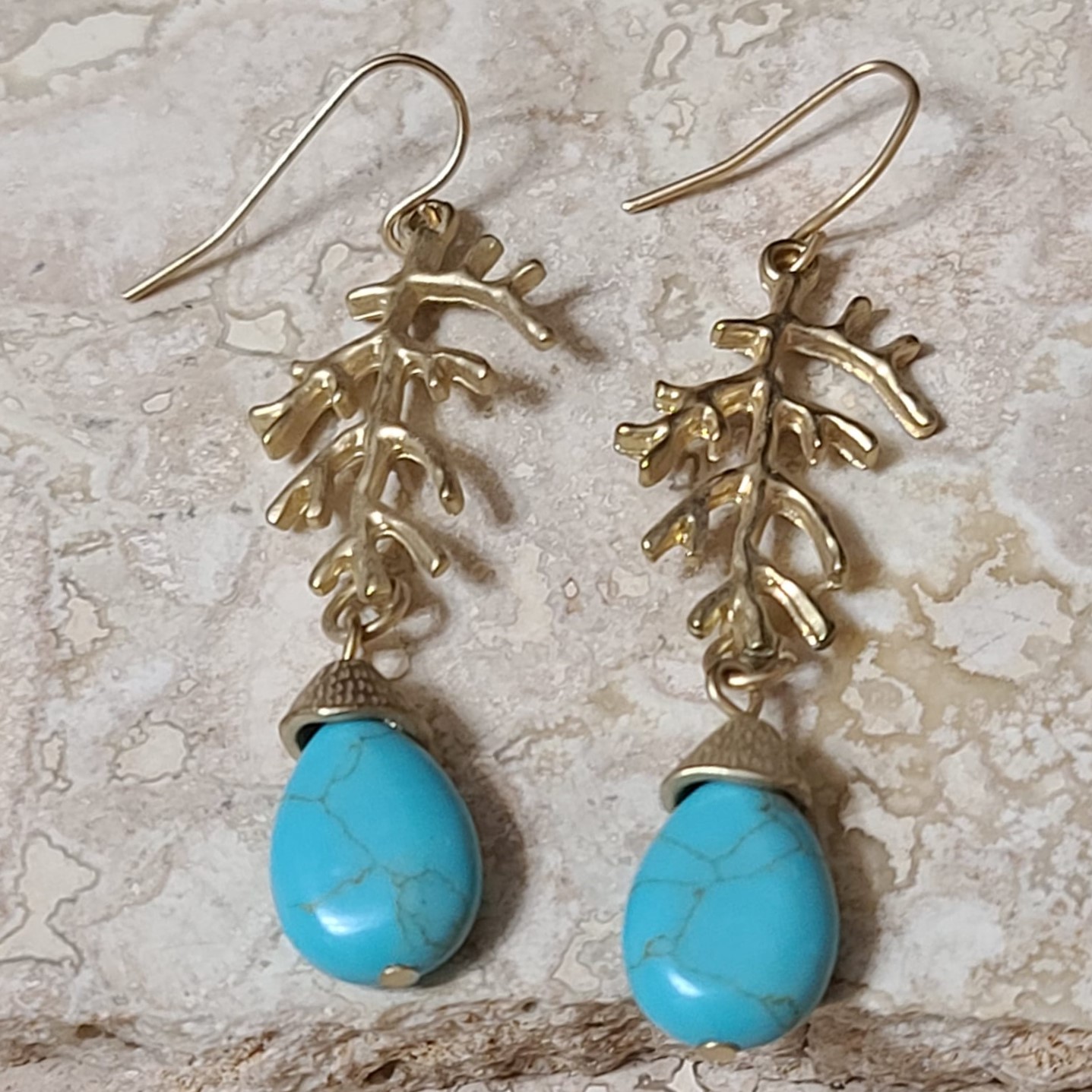 Tree Branch with Acorn Tear Drop Turquoise Gemstone Earrings - Click Image to Close