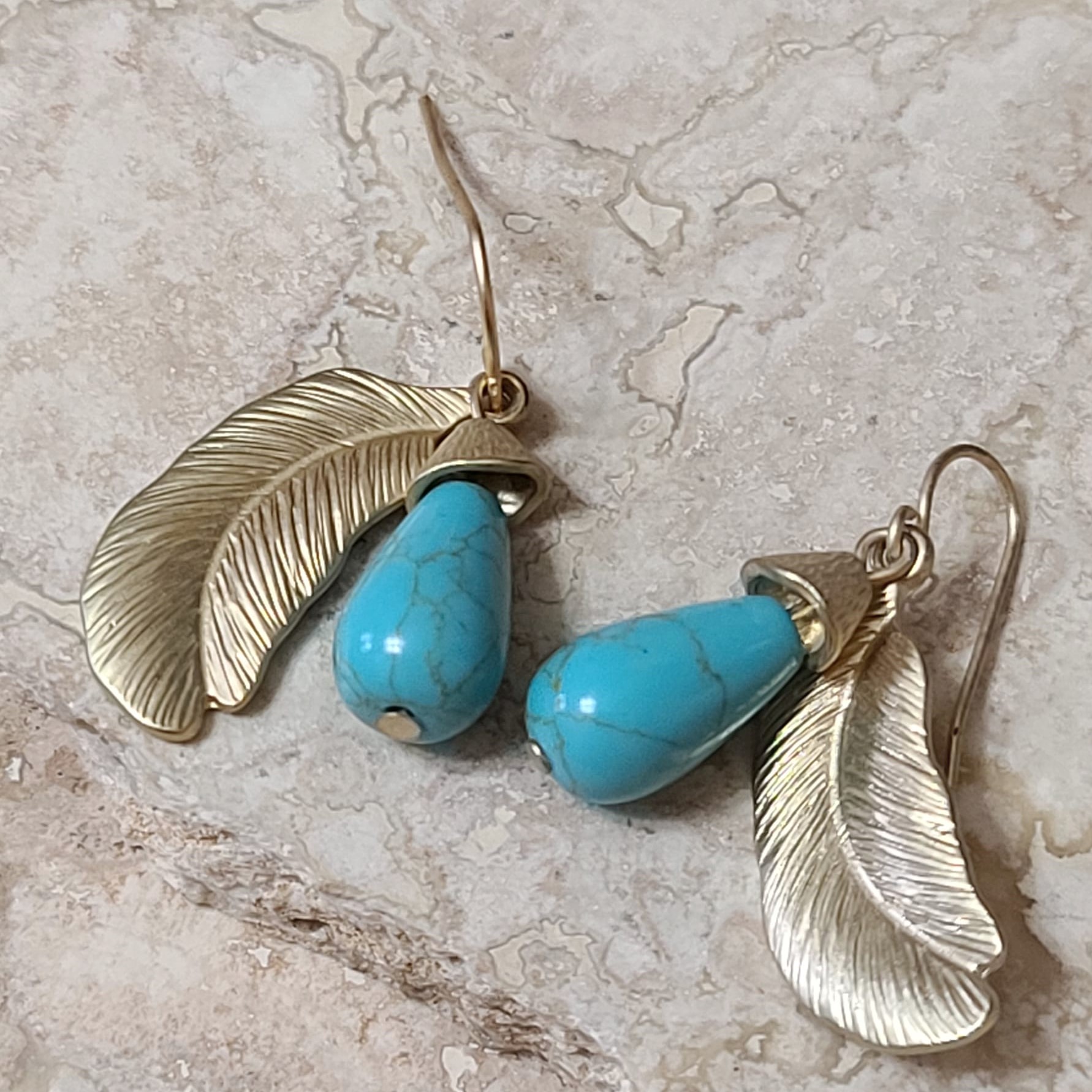 Leaf and Acorn Tear Drop Turquoise Gemstone Earrings - Click Image to Close