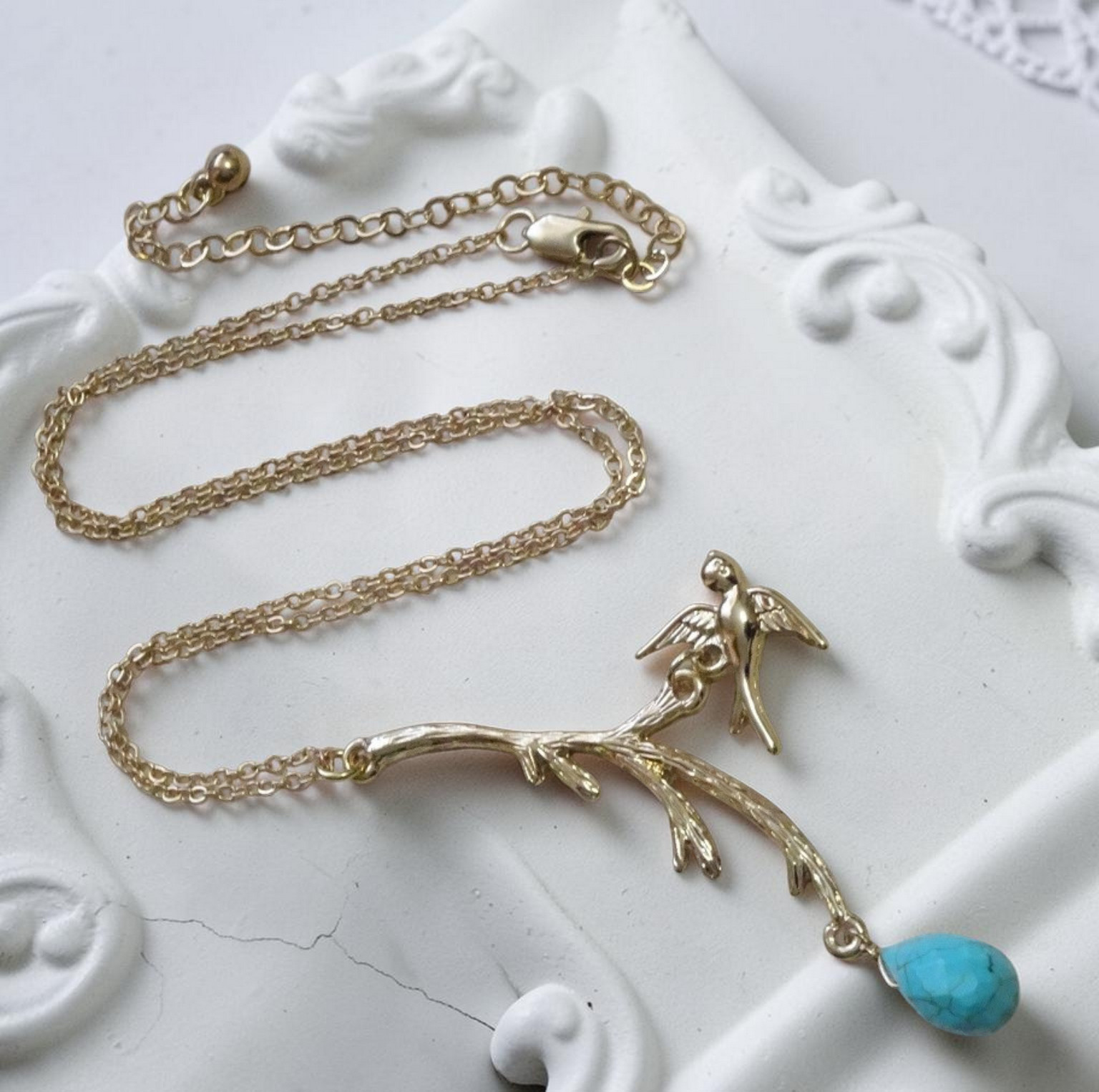 Bird Perched on a Tree Branch w/Turquoise Gemstone Necklace