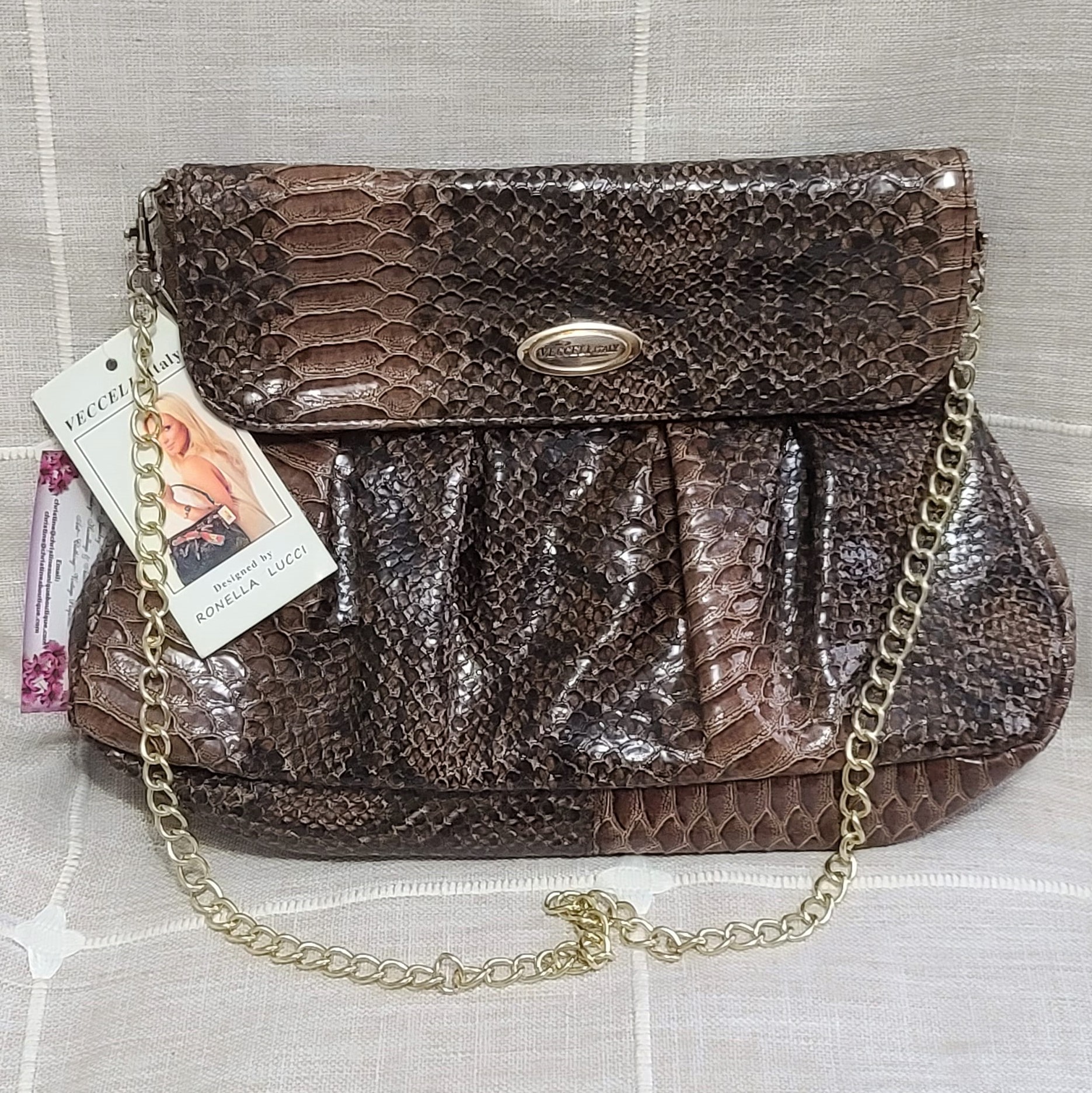 Ronella Lucci Vecceli Snake Embossed Handbag w/ Chain