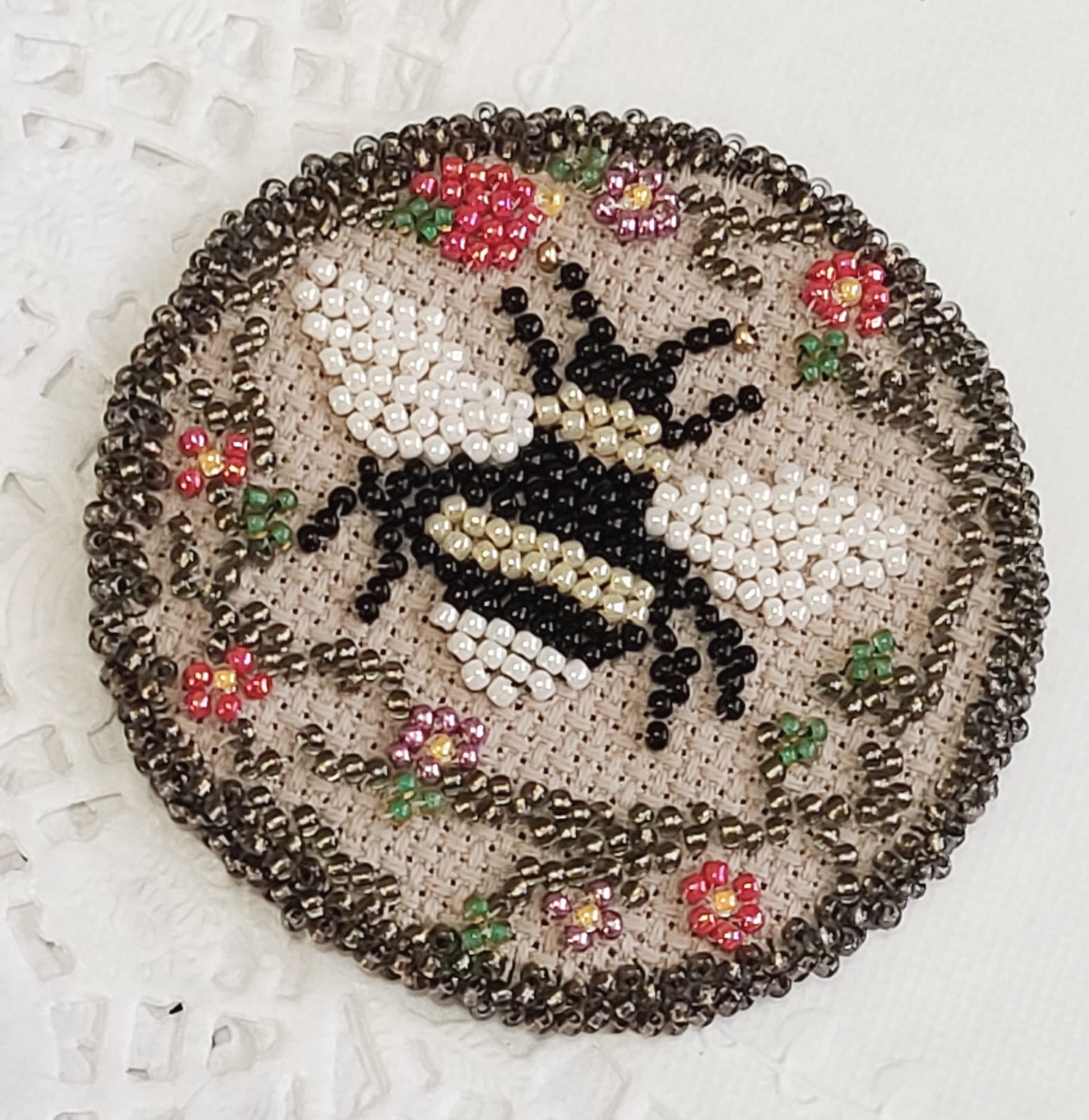Beaded cross stitch bee in the garden large brooch
