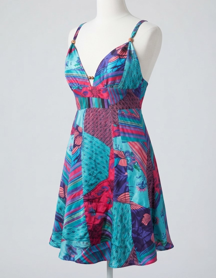 Guess Patchwork Print Deep Water Silk Sexy Dress NWT