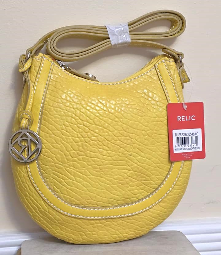 Yellow cross body handbag, by Relic, faux leather pebbled texture