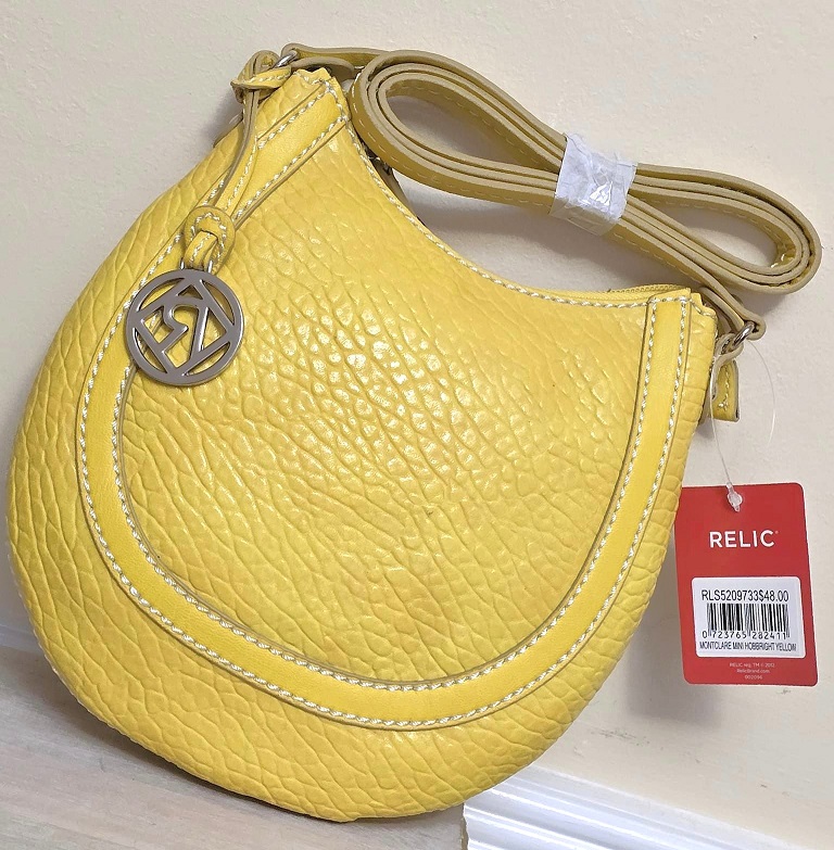 Yellow cross body handbag, by Relic, faux leather pebbled texture