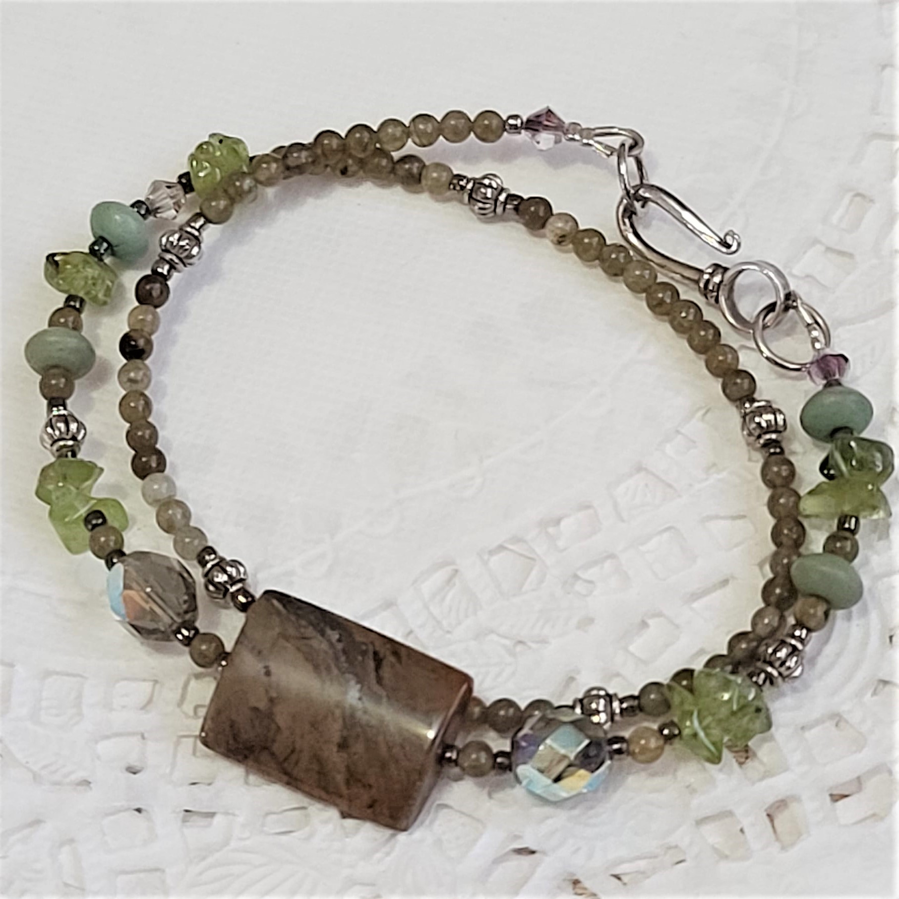 Olive quartz and peridot gemstone double wrap bracelet