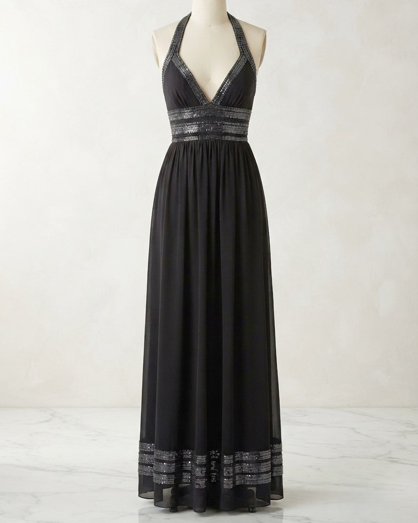 Adrianna Papell Silk Sequin Halter Style Maxi Dress NWT