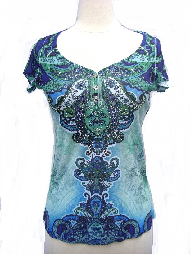 Apt. 9 Baroque Teal Pattern Embellished Studd T Fitted Shirt NWT