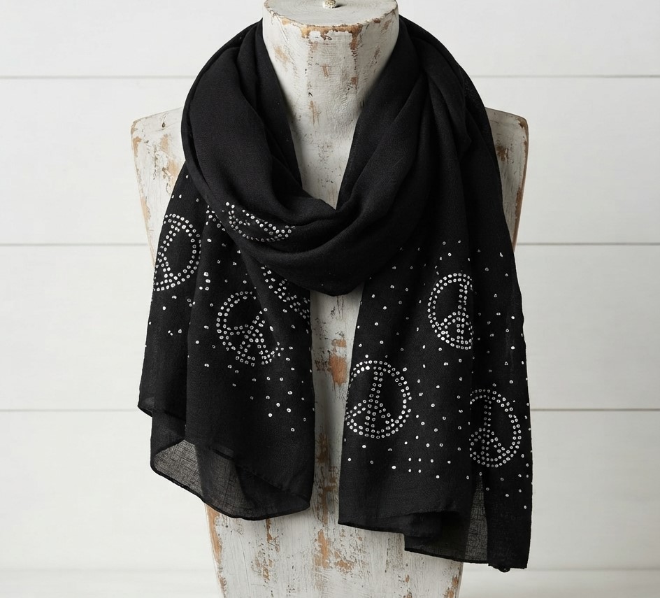 Scarf Black Studded Peace Sign Design Scarf Black Studded Peace Sign Design