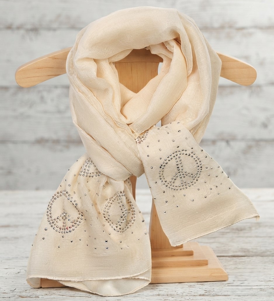 Scarf Ivory Studded Peace Sign Design Scarf Ivory Studded Peace Sign Design