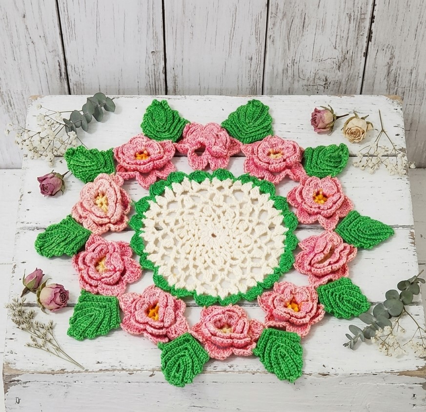 Vintage Doily with 3D Pink Roses
