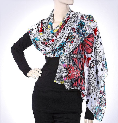 Scarf Wrap Butterfly & Graffiti Art Pattern - Color: Coral